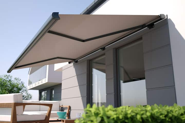 Beautiful residential awning enhances San Diego, CA residence.